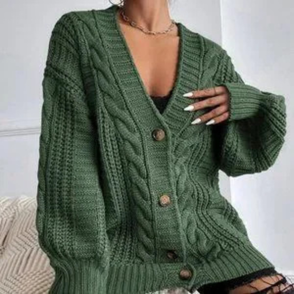 ZARA Green Casual Womens Solid Button Front Cable Knit Cardigan